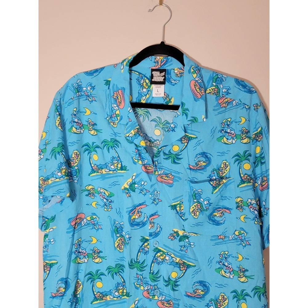 Tom And Jerry Shirt Mens LARGE Novelty Blue Button Up Rayon‎ - Picture 2 of 7